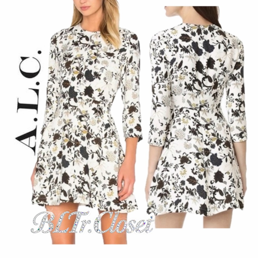 A.L.C. Mini Dress Terry Silk Floral Fit & Flare Pockets Sz 2 Preppy Quiet Luxury